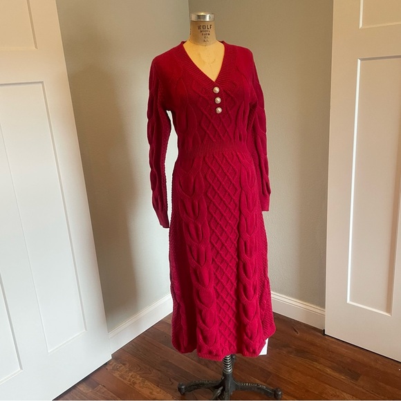 SHEIN- NWT M Maroon Knit V-Neck Long Knitted Sweater Dress - Picture 3 of 9